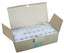 Open cardboard box containing 25 white ICC 2-port surface mount network cabling boxes with blue labeling