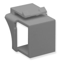 Gray modular keystone blank insert with hinged cover for structured cabling rack systems