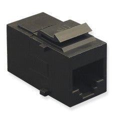 Black ICC Cat5e in-line keystone modular coupler with stepped connector housing for network cabling installations