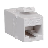 White ICC Cat5e in-line keystone modular coupler connector with recessed port opening for network cable connections