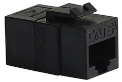 Black Cat6A modular keystone coupler with RJ45 ports for network cabling connections