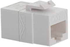 White Cat6A modular keystone coupler with cable entry port for network cabling connections