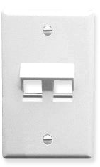 White single gang wall plate with two angled Keystone ports for network cabling connections Main image