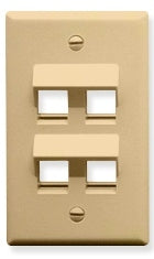 Ivory single gang wall plate with four angled port openings for Keystone connectors, structured cabling installation