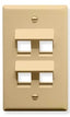Ivory single gang wall plate with four angled port openings for Keystone connectors, structured cabling installation