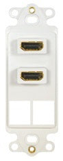 White decora insert plate with two HDMI ports and two blank port openings for structured cabling installations