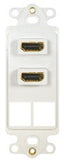 White decora insert plate with two HDMI ports and two blank port openings for structured cabling installations