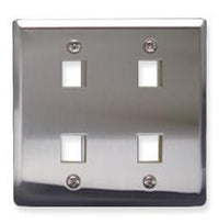 Stainless steel double gang wall plate with four port openings for network cabling installations