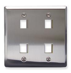 Stainless steel double gang wall plate with four port openings for network cabling installations