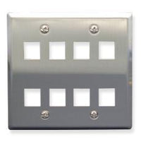Stainless steel double gang wall plate with 8 port openings arranged in two rows of four for structured cabling installations