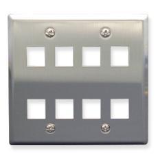 Stainless steel double gang wall plate with 8 port openings arranged in two rows of four for structured cabling installations