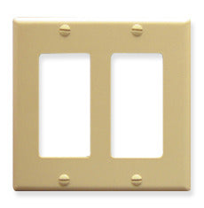 Ivory double gang Decora faceplate with two rectangular cutouts for network outlets and wall mounting holes Main image