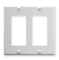 White double gang Decora faceplate with two rectangular openings for networking cables and low voltage structured cabling