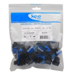 25-pack of ICC Cat5e EZ modular keystone jacks in black color, showing blue and black components in clear retail packaging