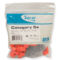 ICC Cat5e EZ modular keystone jack 25-pack in red with gray strain relief boots for network cabling installations Main image