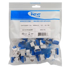 25-pack of blue and white ICC Cat5e EZ modular keystone jacks in sealed plastic bag with product labeling