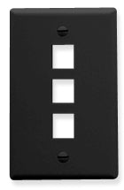Black single gang keystone wall plate with three port openings for network cabling installation