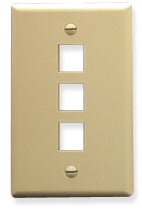 Ivory single gang keystone wall plate with three rectangular ports for network cabling installation