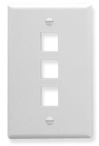 White single gang keystone wall plate with three rectangular port openings for network cabling connections