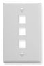 White single gang keystone wall plate with three rectangular port openings for network cabling connections