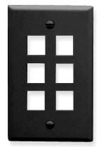 Black single gang keystone wall plate with 6 port openings for network cabling installation