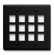 Black double gang keystone wall plate with 12 port openings arranged in 3 rows of 4 for network cabling Main image