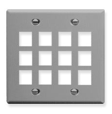 Grey double gang keystone wall plate with 12 port openings for network cabling installation