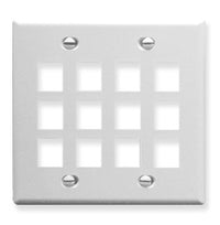 White double gang keystone wall plate with 12 port openings arranged in 3 rows of 4 squares