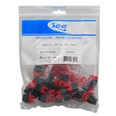 25-pack of ICC HD Cat 6 modular keystone jacks in black color, packaged in clear plastic bag with product label Main image
