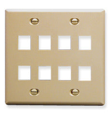 Ivory double gang keystone wall plate with 8 port openings for structured cabling installations