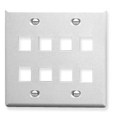 White double gang keystone wall plate with 8 port openings for structured cabling installations Main image