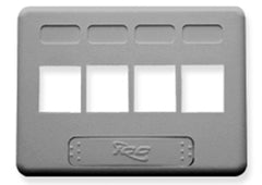 Gray ICC 4 Port NEMA Keystone furniture faceplate with four white rectangular port openings and branded label