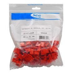 25-pack of ICC EZ Cat 6 orange modular keystone jacks in sealed retail packaging