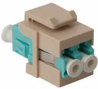 ICC OM3 Duplex LC Fiber Optic Module in ivory with turquoise connector ports for structured cabling installations