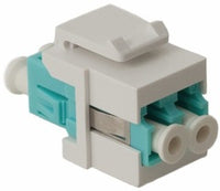 White and turquoise ICC OM3 duplex LC fiber optic module with dual connector ports and cable management clips