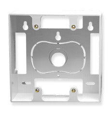 White double gang wall plate mounting box with internal cable routing channels and brass mounting screws