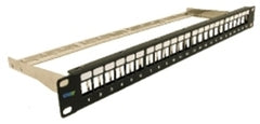 24 port Cat6A FTP blank patch panel with black faceplate and cable management rail mounted in 1RMS rack unit
