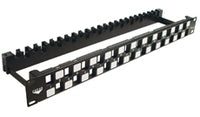 ICC Cat 6A 24 port blank patch panel with cable management rail mounted in 1RU rack space