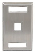 Stainless steel single gang wall plate with 1 keystone port opening and station ID label area for network cabling