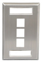 Stainless steel single gang wall plate with three keystone ports and station ID label area for structured cabling
