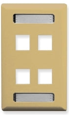 Ivory single gang wall plate with 4 Keystone port openings and cable management slots for structured cabling installations