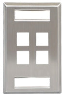 Stainless steel single gang wall plate with 4-port keystone cutouts and station ID label area