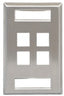 Stainless steel single gang wall plate with 4-port keystone cutouts and station ID label area