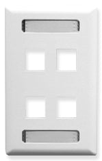 White single gang wall plate with 4 Keystone ports and metal cable management handles for structured cabling installations