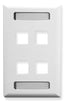 White single gang wall plate with 4 Keystone ports and metal cable management handles for structured cabling installations