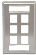 Stainless steel wall plate with 6 keystone ports for network cabling installation and organization