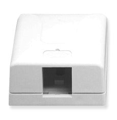 White ICC 1-port surface mount box with gray trim and open port cavity for structured cabling