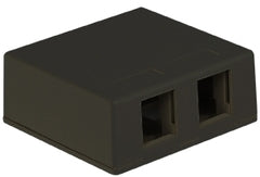 Black 2-port surface mount box for network cabling with two rectangular port openings