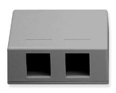 Grey 2-port surface mount box with two black rectangular network ports for structured cabling installations