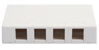 White 4-port surface mount box with four brown outlet openings for network cabling and structured cabling installations